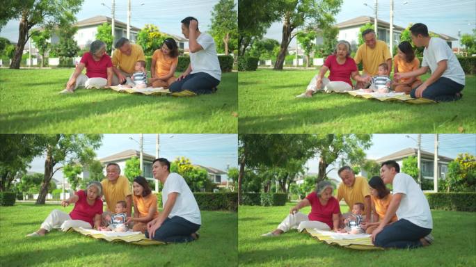 爷爷奶奶和带着小孩的父母正在公园里玩耍和休息