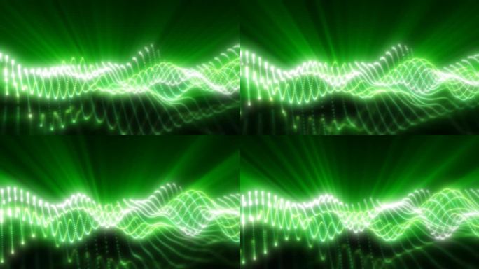 发光的绿色光波平滑地流过黑暗的背景，创造出充满活力和未来主义的抽象设计，带有充满活力的曲线和虚点图案