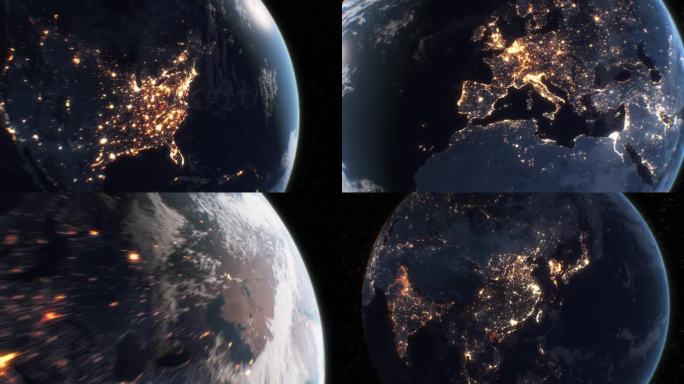 美丽的快速飞绕地球昼夜变化无缝。移动的太阳在行星和夜晚的城市光循环3d动画。全球视图延时世界。商业及