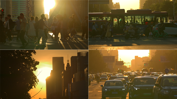 城市人文夕阳行人黄昏人群车流