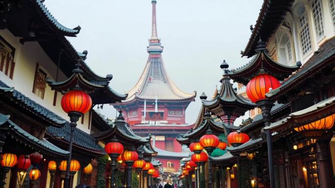 旧金山唐人街地区的亚洲灯笼 延时