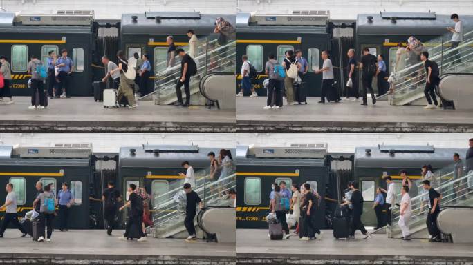 一群旅客下电梯走上站台准备乘车