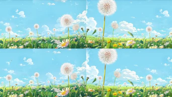 梦幻小清新蓝天白云蒲公英