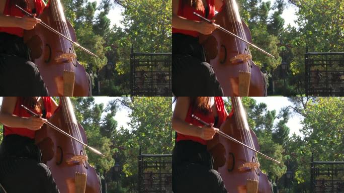 一个无法辨认的女人在户外拉大提琴的剪辑镜头
