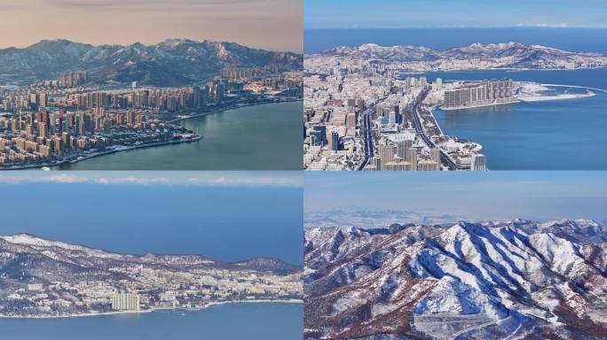 4K山东威海城市雪天航拍海边下雪城市航拍
