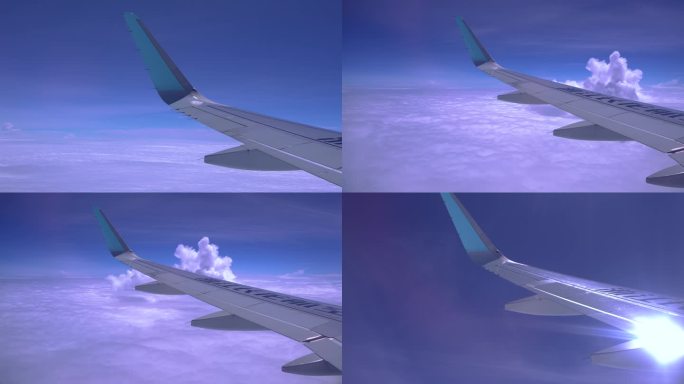 飞机穿越云层在蓝天下飞行