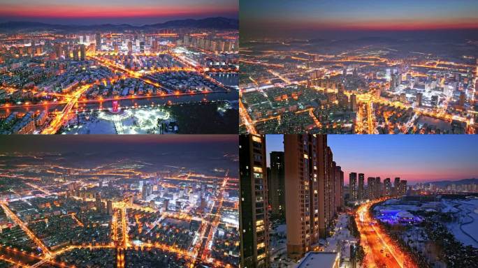 4K山东威海经区城市夜景航拍灯火辉煌