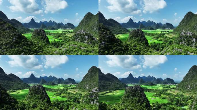 蓝天白云阳光下桂林喀斯特山谷中的绿色稻田