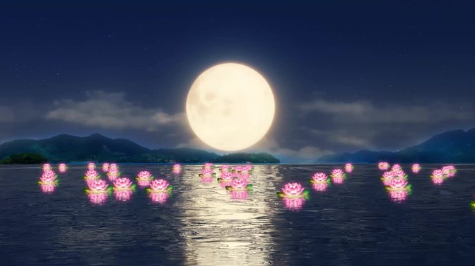 玉兔渡河 河灯荷花 舞台背景视频 中秋