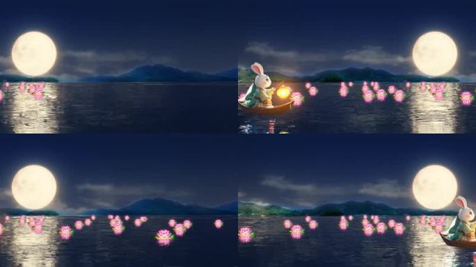 玉兔渡河 河灯荷花 舞台背景视频 中秋