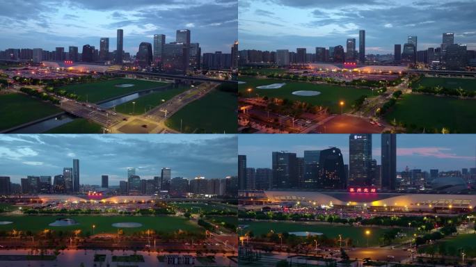 夏天日落时分苏州相城区高铁新城风景航拍