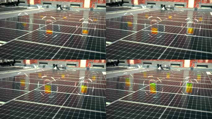 可持续，太阳能电池板和电池图标户外回收电力，可再生能源或电压系统。电网，全息图和环保逆变器，碳足迹和