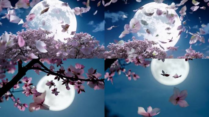 唯美月光桃树花瓣飘落