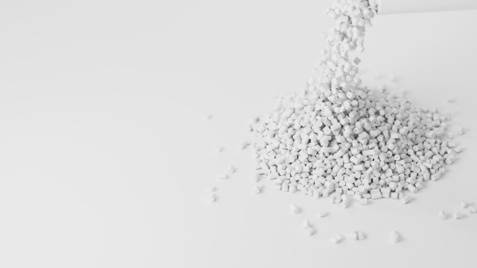 白色塑料聚丙烯颗粒倒在一堆颗粒上，母粒聚合物颗粒在白色背景。HDPE或PVC树脂颗粒。三维渲染动画