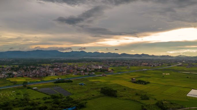 乡村晚霞航拍延时摄影