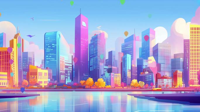 4k卡通城市背景 炫彩城市 舞台背景循环