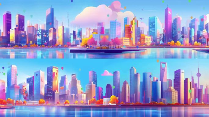 4k卡通城市背景 炫彩城市 舞台背景循环