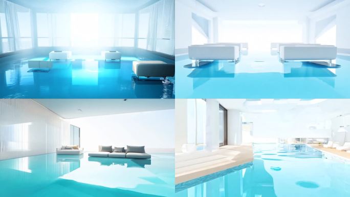 明亮极简的房间与水面 3d渲染