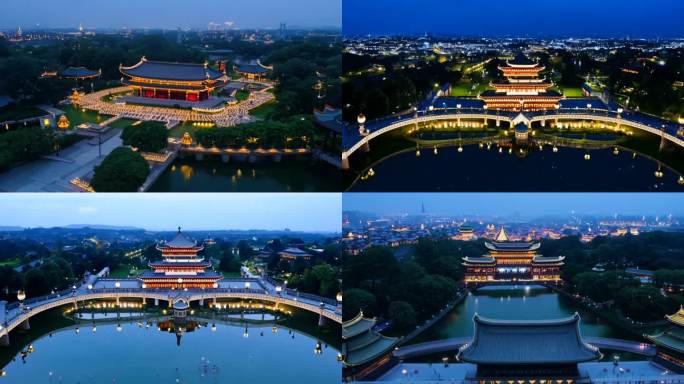 航拍开封清明上河园夜景亮灯