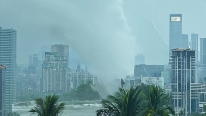 台风摧毁海岸城市自然灾害海啸极端天气灾难