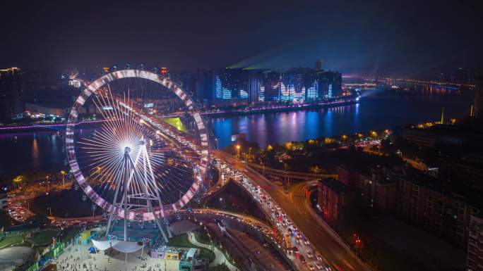 航拍衡阳夜景摩天轮湘江风光带繁华灯光秀