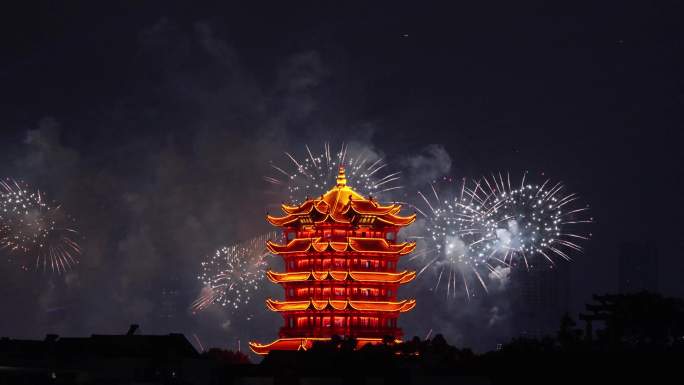 烟花下的黄鹤楼-武汉城市形象-烟花-夜景