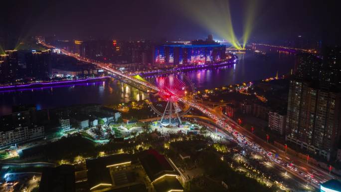 航拍衡阳夜景摩天轮湘江风光带繁华灯光秀