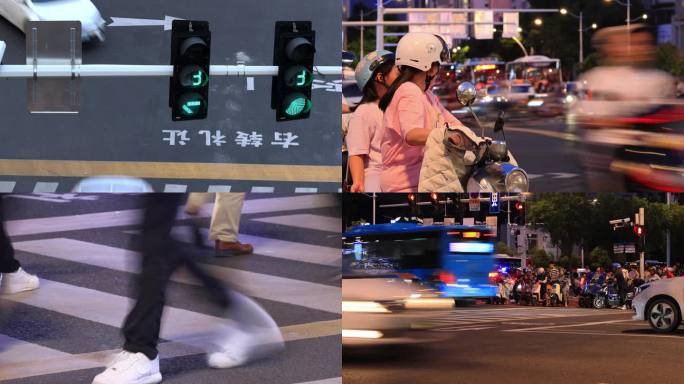 城市夜晚路口车水马龙慢门快节奏生活
