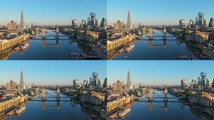 日出时伦敦塔桥和伦敦城鸟瞰图，英国