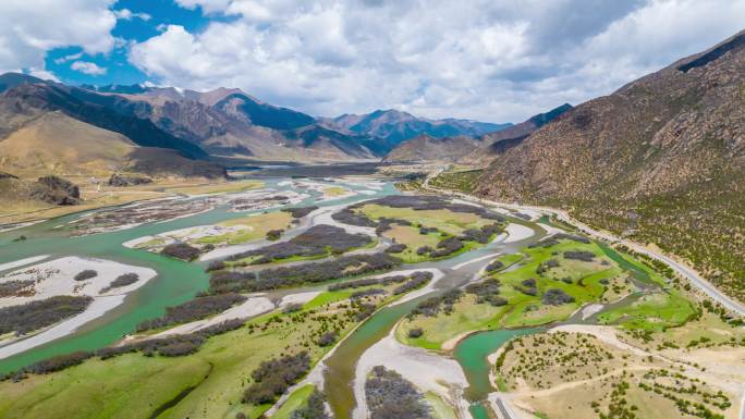 西藏墨竹工卡县林周拉萨河自然风光航拍延时