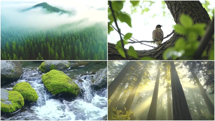 水森林大自然风光自然山间小溪瀑布清晨阳光