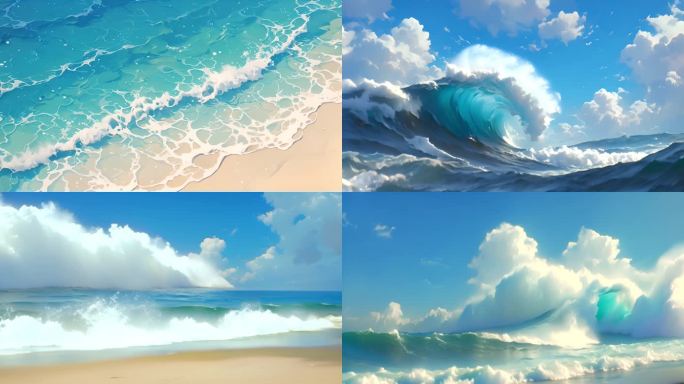 日漫宫崎骏风格的海浪 浪花 翻滚的巨浪