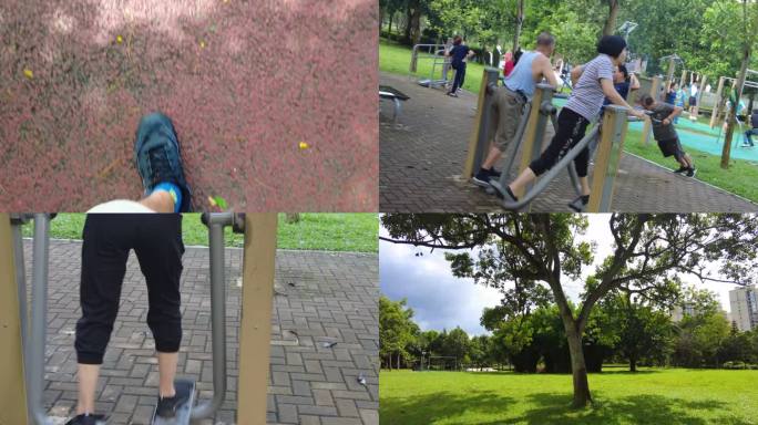 早上公园锻炼身体的人群跳广场舞晨练