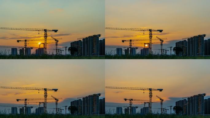 夕阳下的建筑工地塔吊风光延时