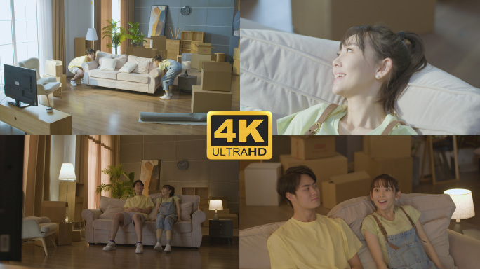 年轻情侣夫妻搬家智能家电