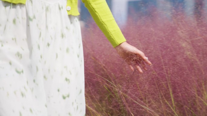 小清新女生走路抚摸粉色的花