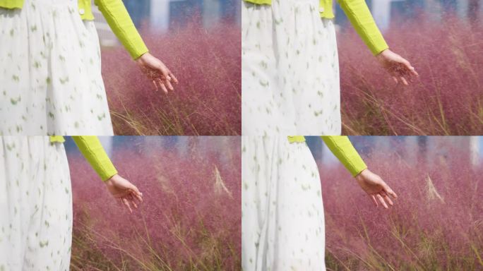 小清新女生走路抚摸粉色的花