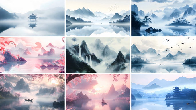 国风唯美意境水墨山水舞台背景AIGC