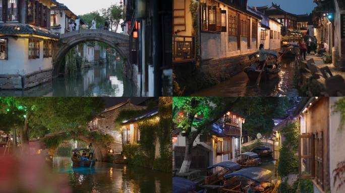 周庄江南水乡古镇夜景灯光游船