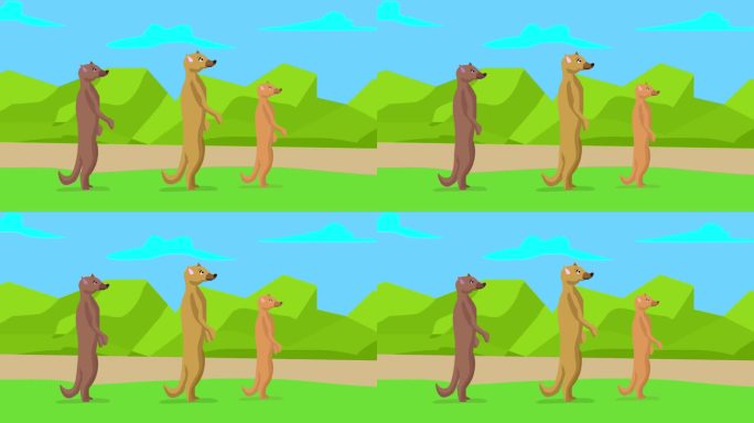 三只猫鼬在丛林里狩猎的动画视频，艺术。