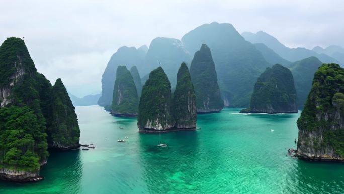 越南下龙湾的石灰岩岛屿在碧海中拔地而起