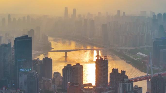 重庆市市区渝中区航拍夕阳西下城市风景风光