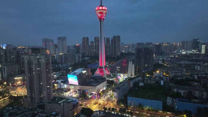 四川省成都市四川电视塔天府熊猫塔夜景航拍