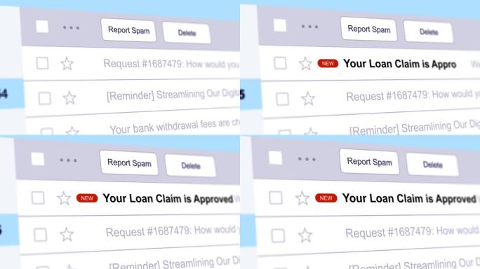 收到的电子邮件与贷款批准通知，新的电子邮件在收件箱文件夹与抵押债权背书，近距离镜头