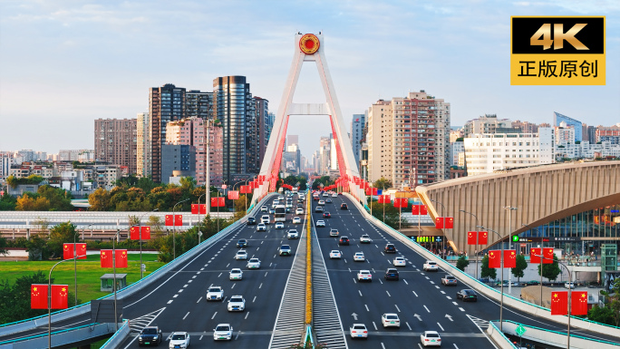 成都天府大道路边国旗国庆氛围