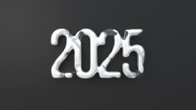 2025玻璃数字与白色液体流动在黑色背景。新年快乐可循环背景。三维渲染
