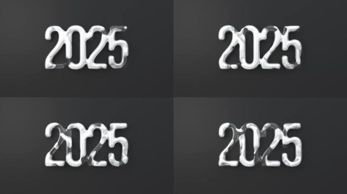 2025玻璃数字与白色液体流动在黑色背景。新年快乐可循环背景。三维渲染