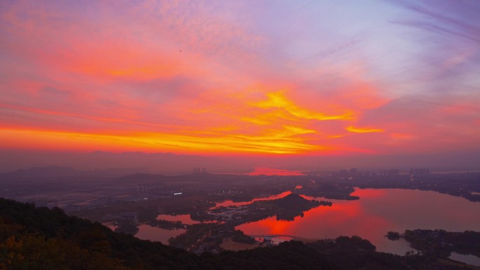 杭州萧山湘湖日落黄昏风景