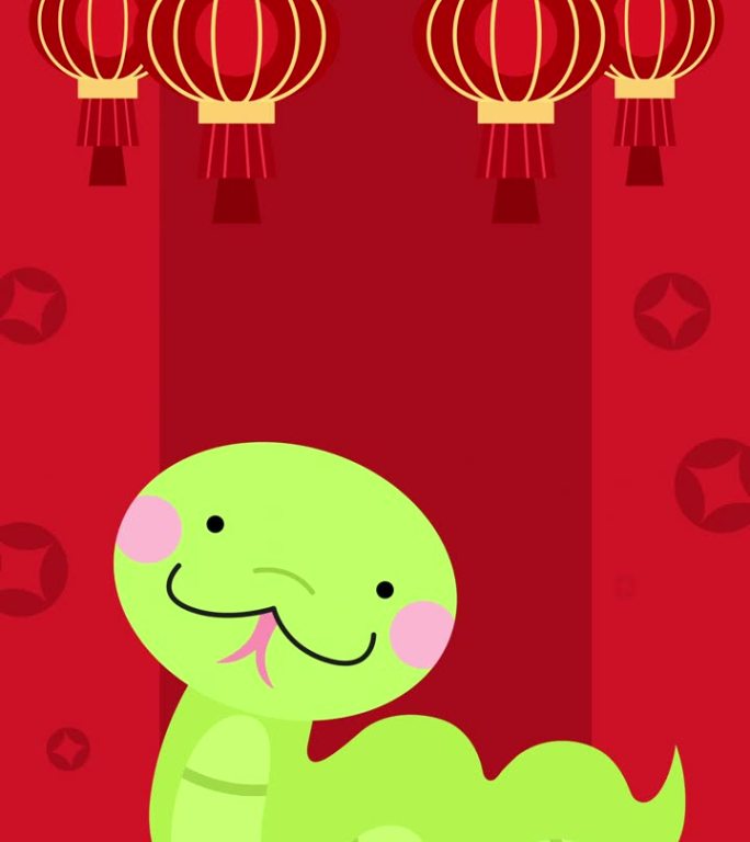 可爱的中国生肖蛇与红灯笼动画垂直视频