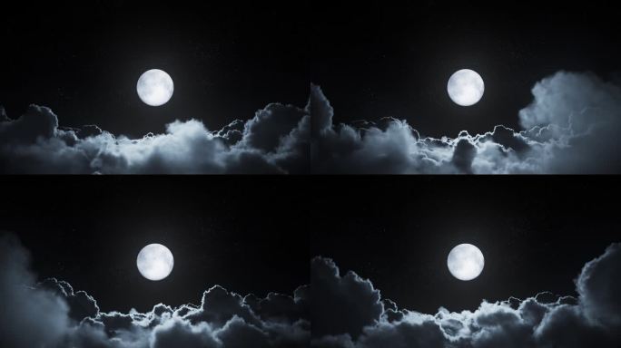 可循环的云景观-飞向月亮-云背景-夜空，满月和星星